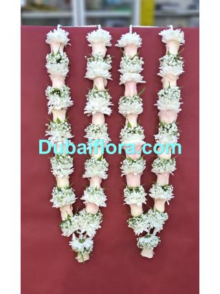  24-inch Pair fresh flower garland with gypsophila (baby's breath), white chrysanthemums, and peach roses
