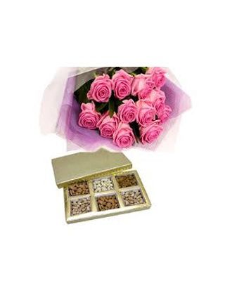 1 Kg Assorted Dry Fruits (Nuts) and 12 Pink Roses Bouquet