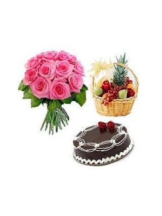 15 Pink Roses Bouquet With 1 Kg Fruits Basket And 1 Kg Chocolate Cake