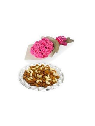 24 Pink Roses Bouquet With 1 Kg Mix Dryfruits