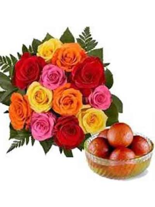 12 MIX ROSES BUNCH WITH 1KG GULAB JAMUN