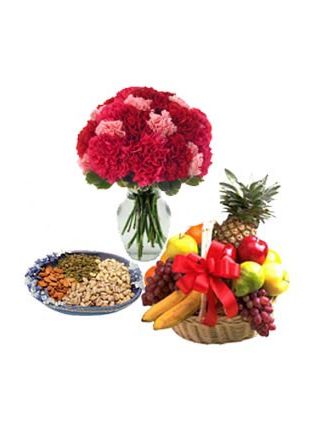 24 Red and Pink Carnation in Vase with 500 Gm Mix Dryfruits N 2 Kg Fruit Basket