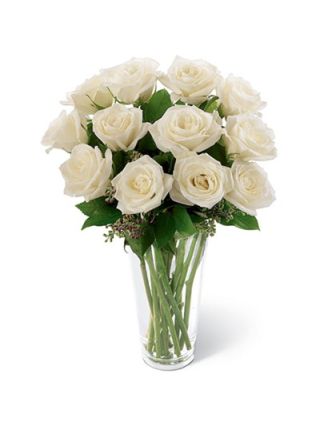 12 White Roses In Vase