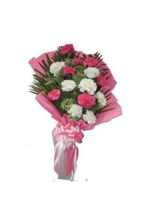 Pink and White carnations in Pink Packing