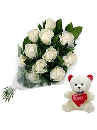 White Roses Bouquet 18 Stems With 6-Inch Teddy