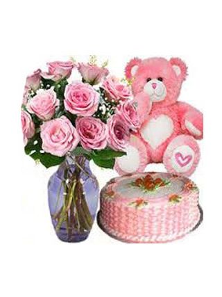 15 Pink Roses in Vase with 1 Kg Fruit Cake and 6 Inch Teddy