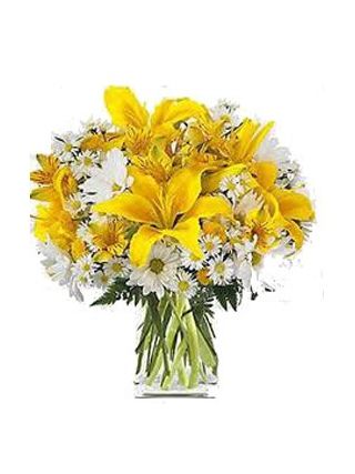 Yellow Lily And White Gerbera In Vase 20 Stems