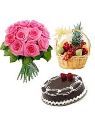 A Dozen Pink Roses Bouquet With 1 Kg Fruit Basket