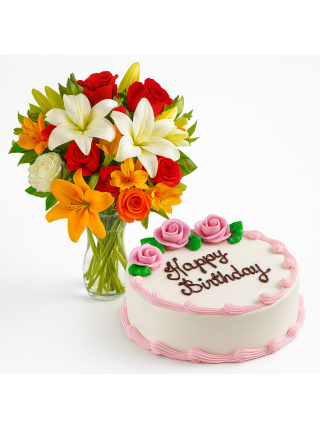 Two Dozen Mixed Seasonal Flowers in Vase with 1 Kg Strawberry Cake